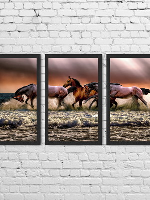 Conjunto 3 quadros cavalos com moldura