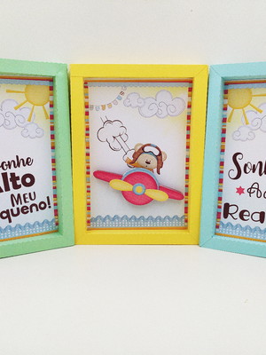 Trio de quadros ursinho aviador