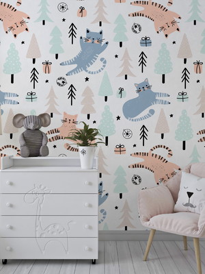 Papel de parede infantil de gatos na floresta