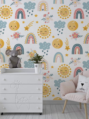 Papel de parede infantil de nuvens, arco-íris e sóis