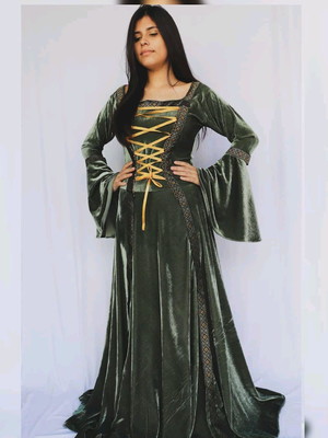 Vestido medieval elfa natural verde musgo veludo