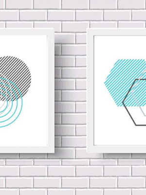 Quadros decorativos geométricos azul e cinza m branca