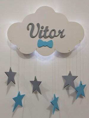 Nuvem com luz de led nome do bebe e chuva de amor e estrela