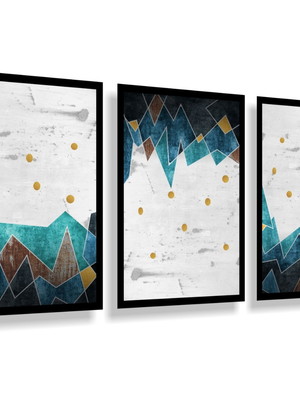 3 quadros decorativos abstrato azul branco amarelo molduras
