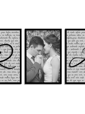 Quadro decorativo personalizado foto nome casal peb 3 peças