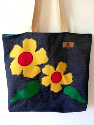 Bolsa de tecido jeans bordada à máquina amarillis