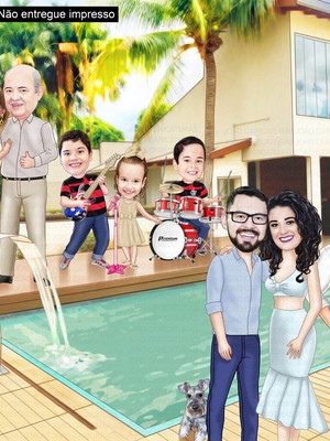 Caricatura familia grande filha piscina (valor por pessoa)