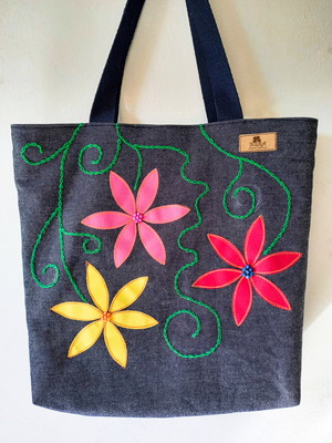 Bolsa de tecido jeans bordada à máquina flora