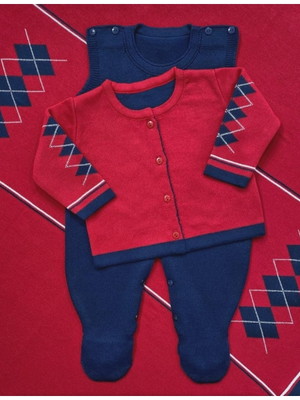 Saída de maternidade menino losangos vermelho luxo (3 peças)