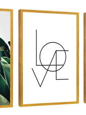 3 quadros love folhagem verde decoração quarto casal moldura