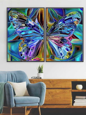 Quadros composição duplo borboleta vitral 95x63 com moldura