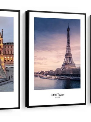 Quadro decorativo paris torre eiffel museu de louvre moldura