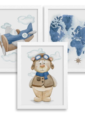 Conjunto de 3 quadros em aquarela - urso aviador