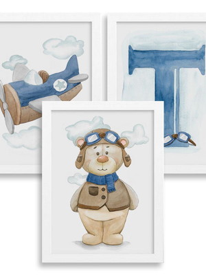 Conjunto de 3 quadros em aquarela - urso aviador