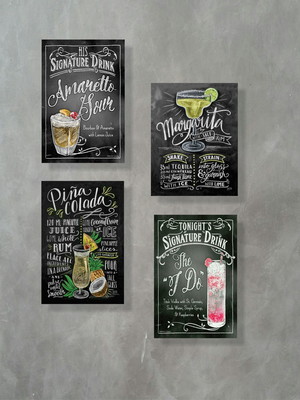 Kit 4 placas decorativas receitas drinks em mdf