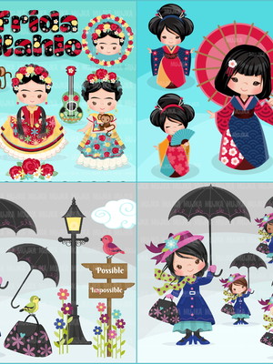 Kit digital frida kahlo, gueixa e mary poppins