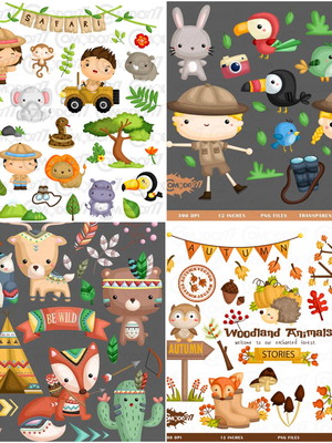 Kit digital safar cute, tribal e animais do bosque