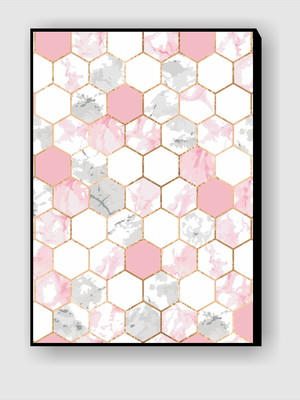 Quadro geométrico abstrato com linhas douradas, hexágonos de