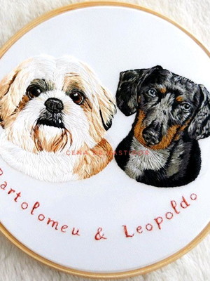 Retrato bordado 2 pets - bordado animais de estimação - 20cm