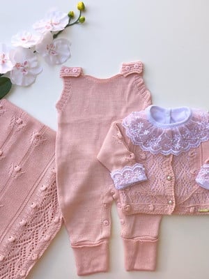 Saída de maternidade de menina rosa bebê tricot 3 peças