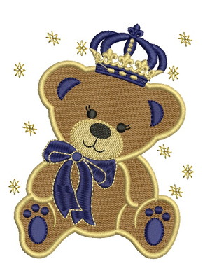 Matriz de bordado urso príncipe com laço e coroa