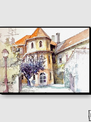 Quadro ruas da cidade em aquarela