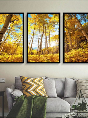Kit 3 quadros decorativos arvore floresta amarela moldura