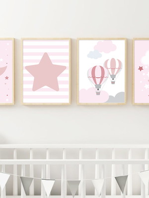 Quadro infantil lua e estrela, balão e lua