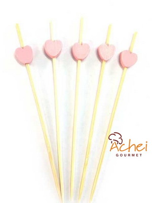 Espeto de bambu decorado coração rosa -100 unidades - 12cm
