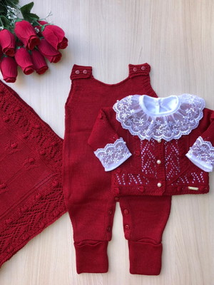 Saída de maternidade de menina vermelha tricot 3 peças