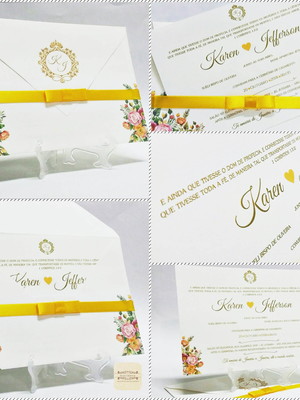 Convite branco floral com alto relevo- modelo bico social