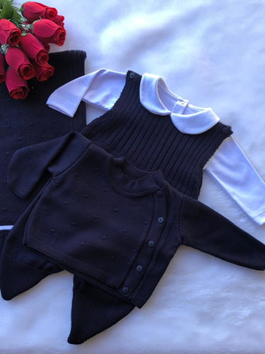 Saída de maternidade de menino azul marinho tricot 4 peças