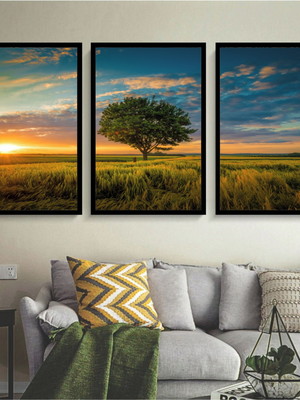 3 quadros grandes árvore por do sol natureza molduras