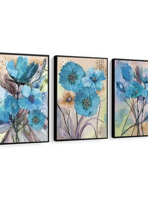 3 quadros decoração flores azuis flor azul moldura