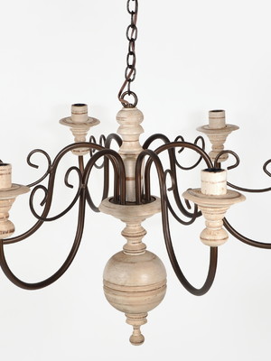 Lustre em ferro e madeira 6 bocais branco para quarto e sala