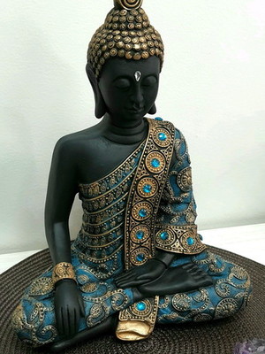 Buda 32cm | azul e dourado e pedraria azul