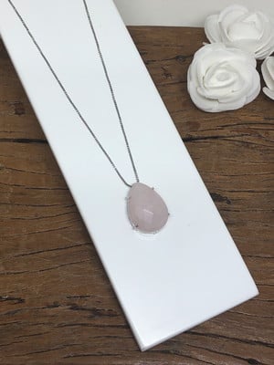 Colar 60cm quartzo rosa - pedra natural banho ródio branco
