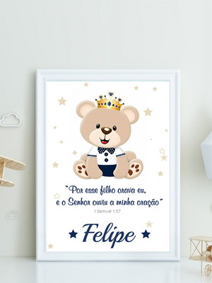 Quadro infantil decoração menino ursinho com frase