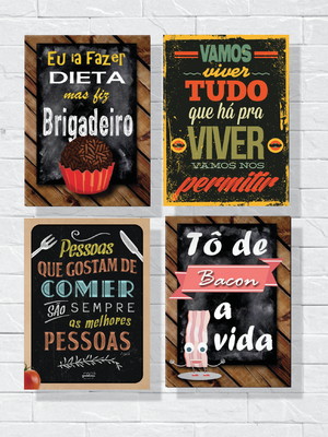 Kit com 4 placas decorativas cozinha decorada frases em mdf