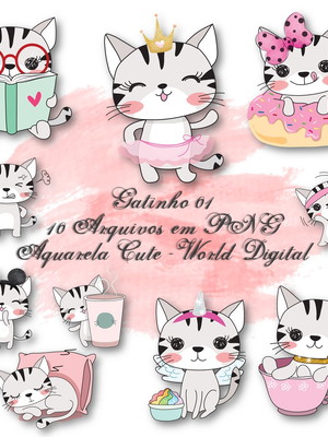 Kit arquivo digital em png aquarela cute gatinho 01