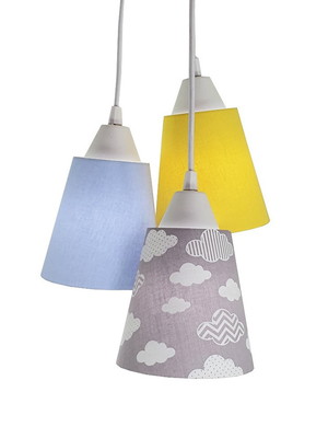 Lustre pendente bebê nuvens tons de cinza, azul e amarelo