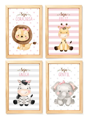 Kit 4 quadros decorativos - safari aquarela menina