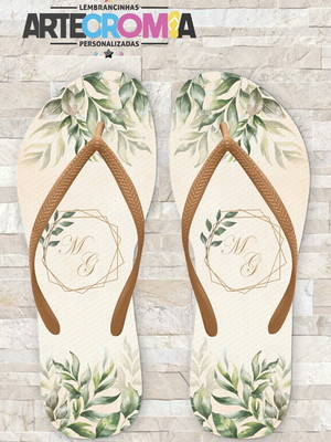 Chinelo para casamento com folhas verdes leaves