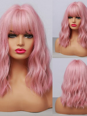 Wig rosa claro aparência cabelo natural curta ondulada linda