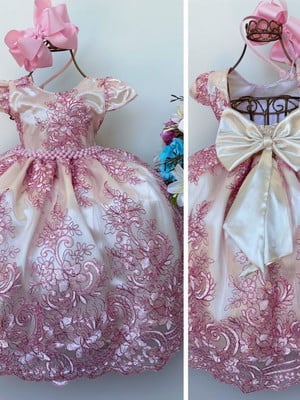Vestido de festa infantil rosa rendas luxo