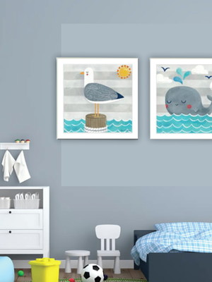 Kit 2 quadros infantil, tema marítimo, moldura e vidro