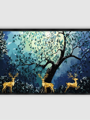 Quadro 3d com fundo azul escuro. veado dourado