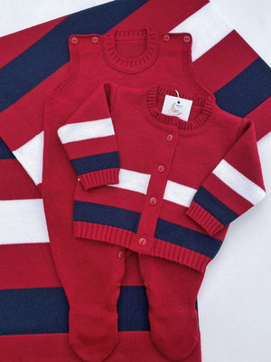 Saida maternidade menino vermelho azul marinho tricot 3 pçs