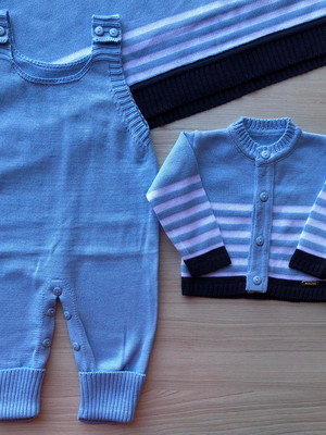 Saida maternidade menino azul tricot 3 peças roupinha