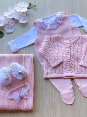 Saida maternidade menina rosa tricot 6 peças completa
